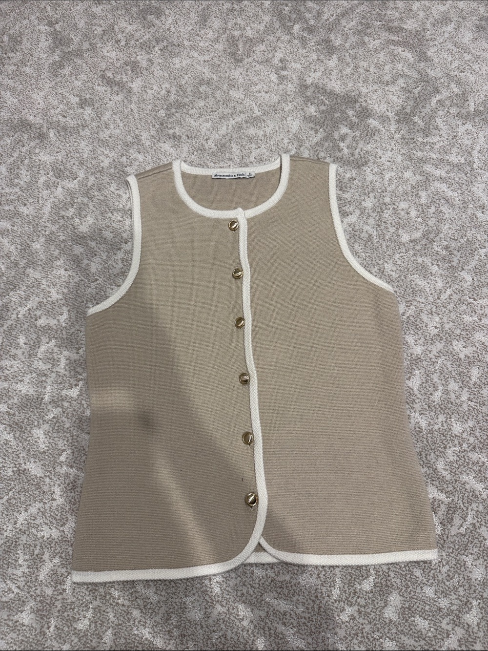 Abercrombie & Fitch Taupe Knit Sleeveless Button Vest with White Trim
